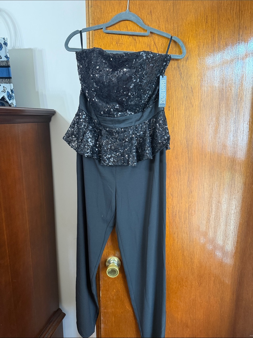 New York & Company Black Strapless Sequin Peplum Jumpsuit